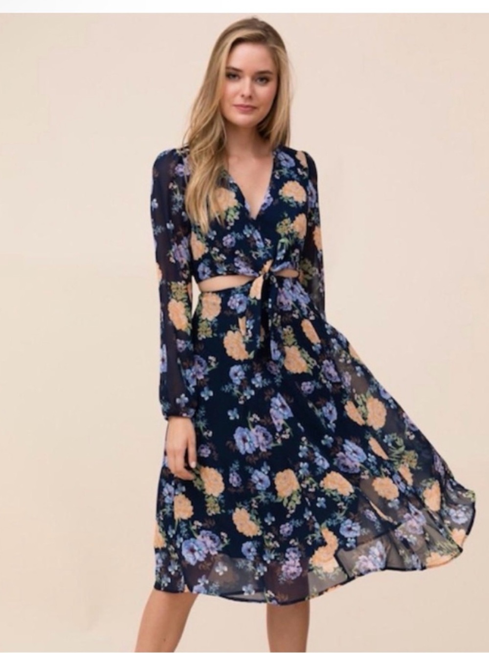 Yumi Kim Open Heart Dress in Lilac Passion Floral Long Sleeve Blue L Large